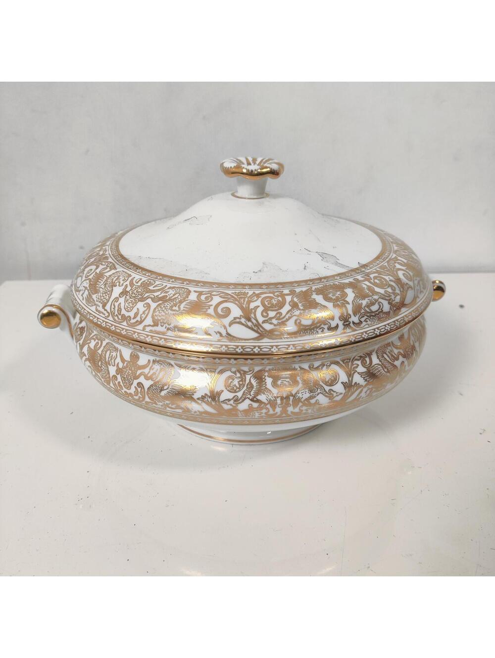 Wedgwood Gold Florentine Dragon White Covered Vegetable Dish